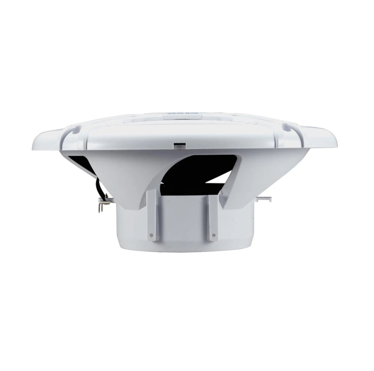 A white outdoor weatherproof vent cover with a circular top cap and a cylindrical base, shown from a side angle on a solid white background.
