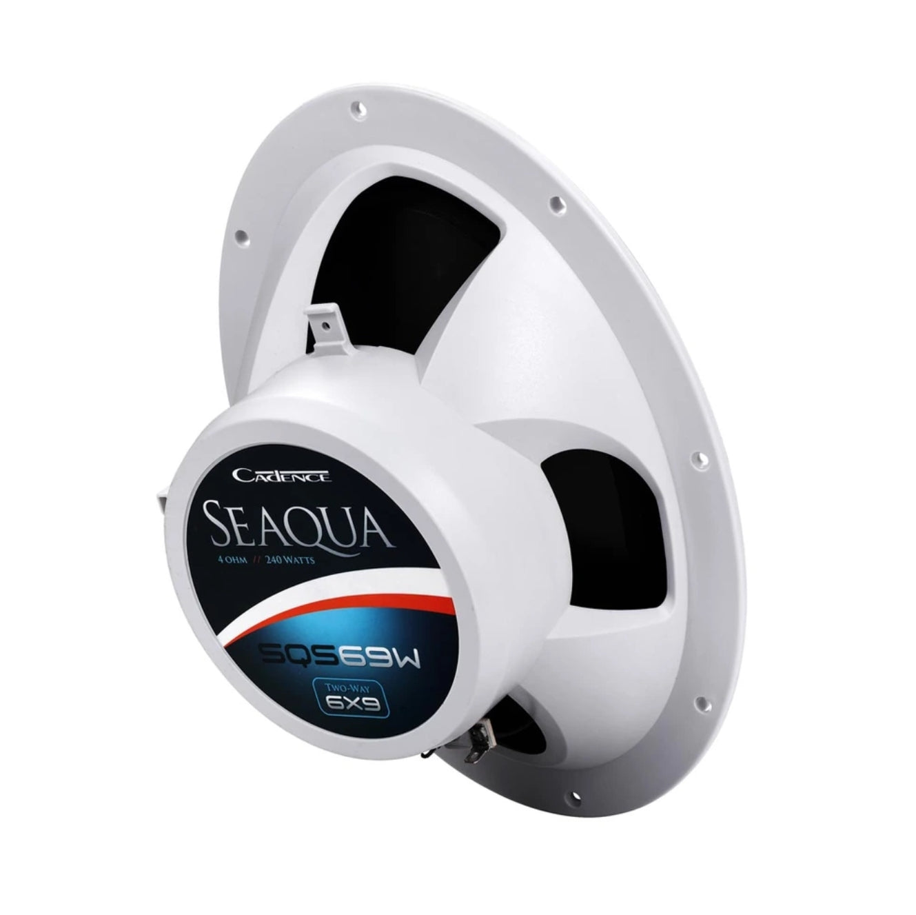 A marine speaker from the brand Carport, specifically the Seaqua SOS-65W 6x8 Exs model, featuring a white metal frame and a central cone with a black, white, and red label.
