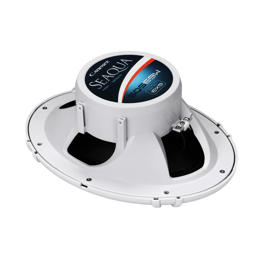 A white marine speaker by Celestine Seaqua, featuring a circular white frame, black speaker cones, and a central gray motor assembly with a blue, orange, and black label.