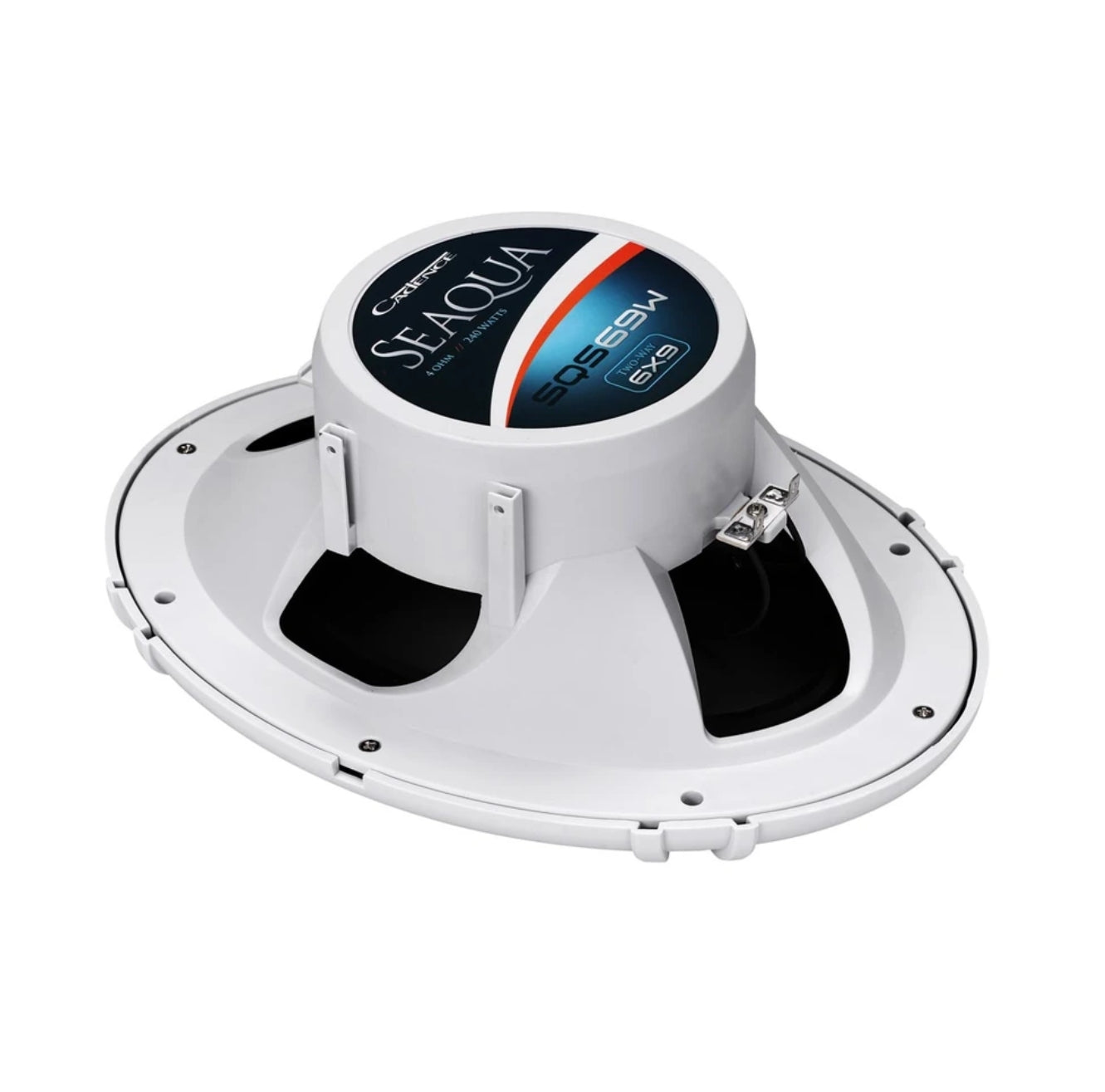 A white marine speaker by Celestine Seaqua, featuring a circular white frame, black speaker cones, and a central gray motor assembly with a blue, orange, and black label.