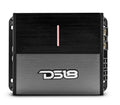DS18 ION1000.4D 4-channel mini amplifier angled top view showing black brushed aluminum heatsink lid with red power LED indicator stripe, DS18 logo brushed silver face panel, and black corner mounting tabs