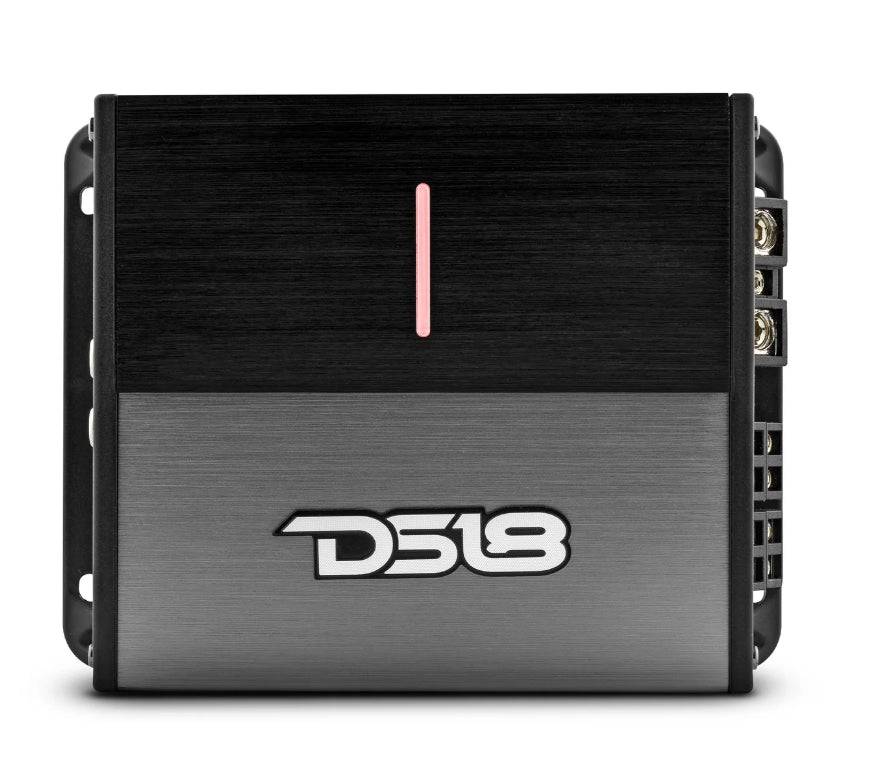 DS18 ION1000.4D 4-channel mini amplifier angled top view showing black brushed aluminum heatsink lid with red power LED indicator stripe, DS18 logo brushed silver face panel, and black corner mounting tabs