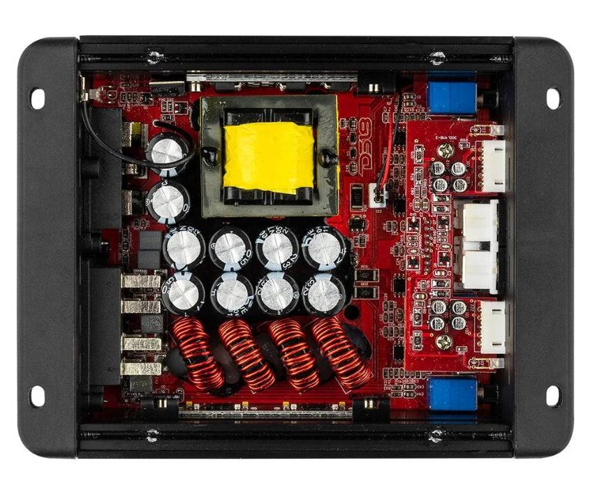 DS18 ION1000.4D interior circuit board view with lid removed showing red PCB, yellow toroidal power transformer, large filter capacitors, red copper output inductors, MOSFETs, blue film capacitors, HI INPUT connectors, and DS18 logo