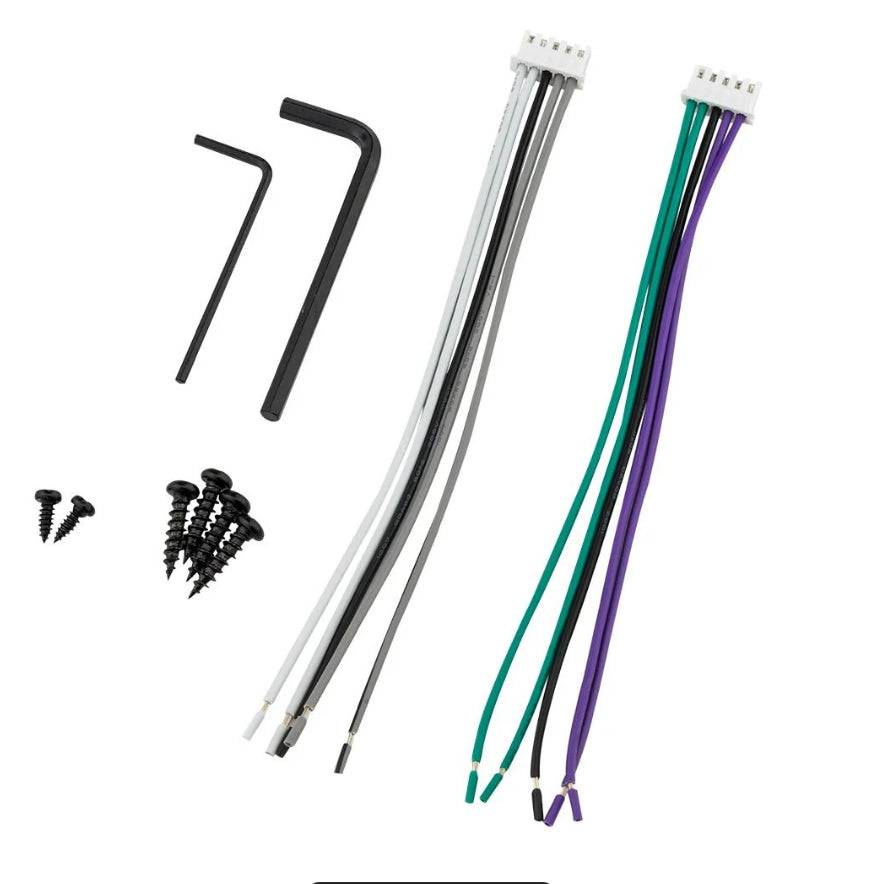 DS18 ION1000.4D included accessories flat lay showing two hex Allen wrenches, five black self-tapping mounting screws, and two speaker wire harness connectors with white gray black and green black purple color-coded wires