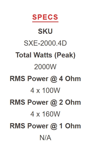 DS18 SXE-2000.4D 4-channel amplifier specification sheet showing SKU SXE-2000.4D, 2000 watts peak total power, 4 x 100 watts RMS at 4 ohm, 4 x 160 watts RMS at 2 ohm, and N/A at 1 ohm