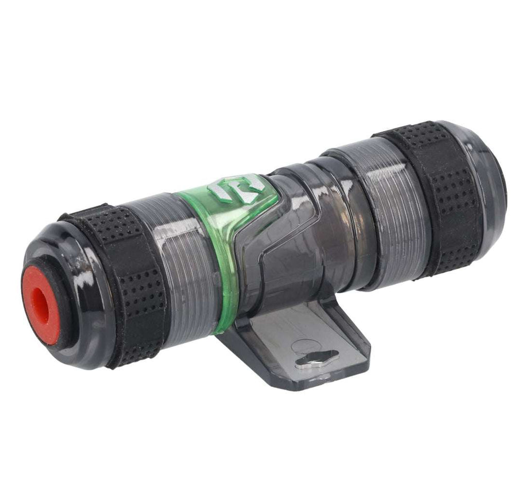 Raptor RAGU AGU fuse holder straight-on front view showing transparent smoke housing, black knurled end caps, red wire polarity indicator ring, and center mounting bracket with two keyhole mounting slots