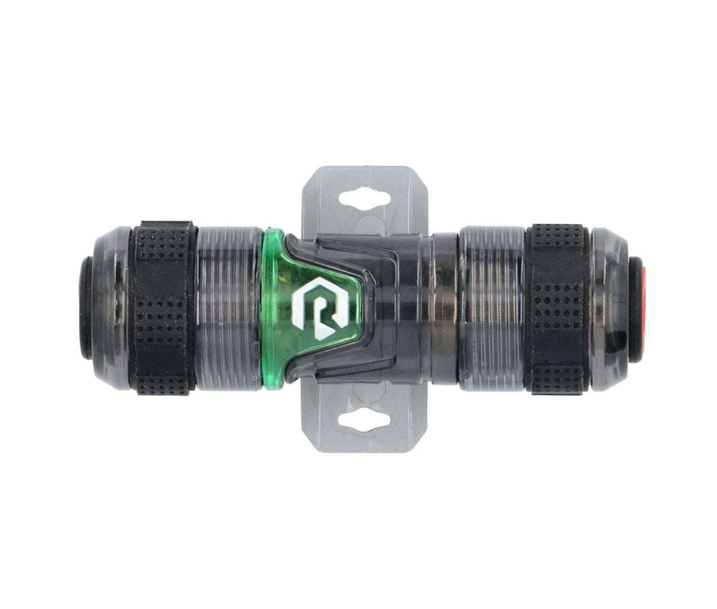Raptor RAGU AGU fuse holder straight-on front view showing transparent smoke housing, black knurled end caps, green Raptor R logo center badge, red polarity indicator ring, and center mounting bracket with two keyhole mounting slots