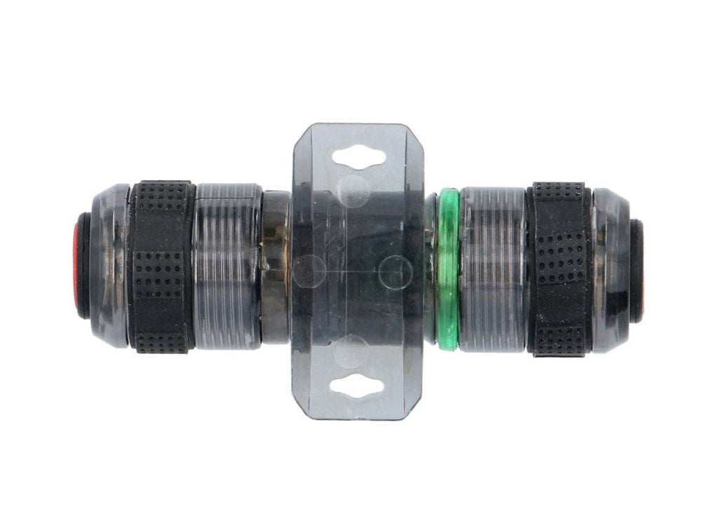 Raptor RAGU AGU fuse holder straight-on front view showing transparent smoke housing, black knurled end caps, red polarity indicator ring on left, green water-resistant O-ring seal on right, and center mounting bracket with two keyhole mounting slots