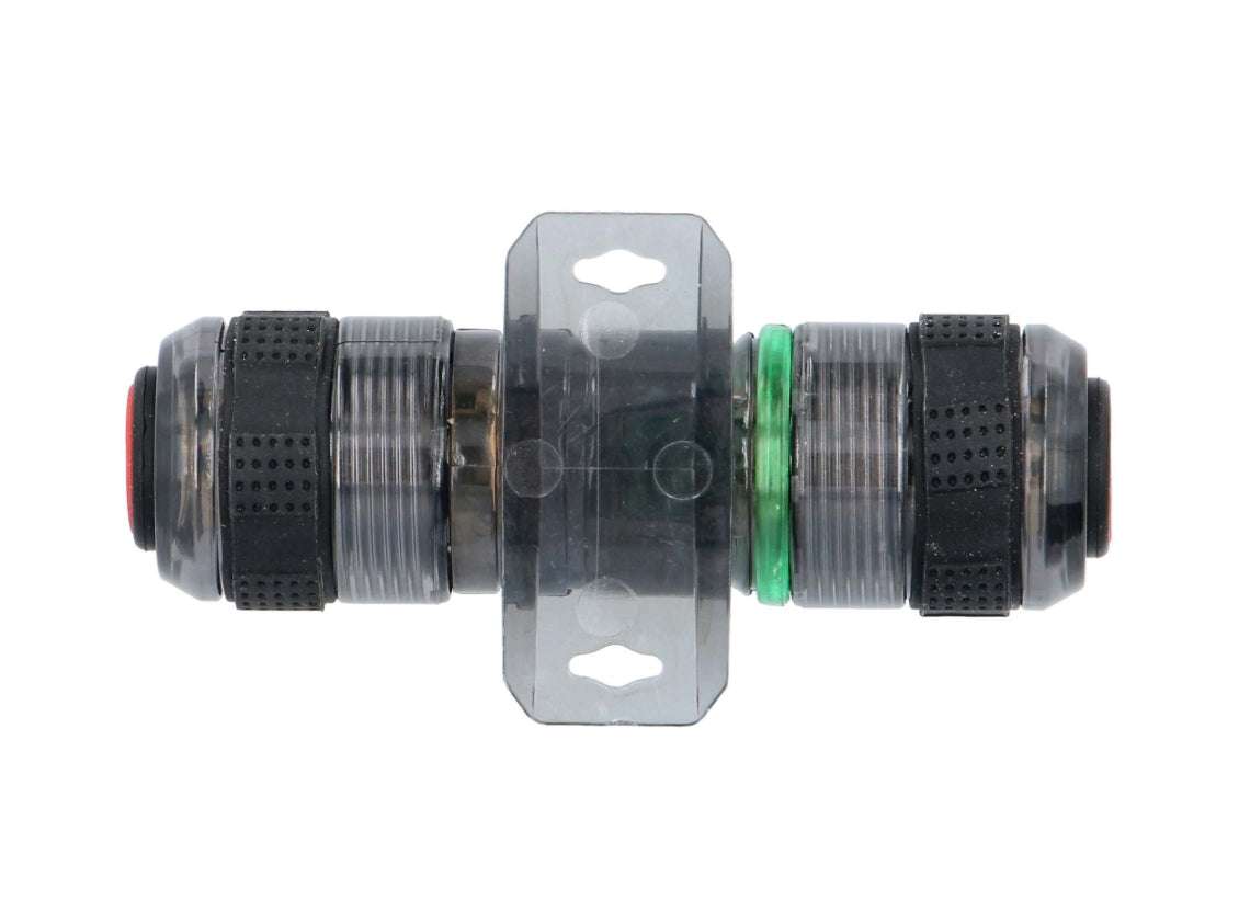 Raptor RAGU AGU fuse holder straight-on front view showing transparent smoke housing, black knurled end caps, red polarity indicator ring on left, green water-resistant O-ring seal on right, and center mounting bracket with two keyhole mounting slots