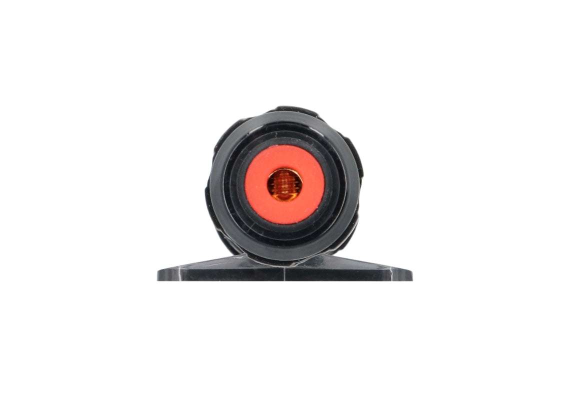 Raptor RAGU AGU fuse holder end-on view showing black knurled wire entry cap, red rubber water-resistant grommet seal, and 24K gold-plated terminal contact