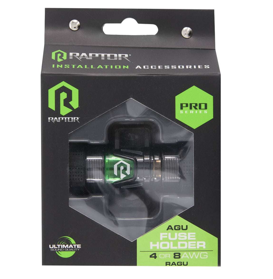 Raptor RAGU AGU fuse holder retail box straight-on front view showing Raptor Installation Accessories branding, Raptor R logo, Pro Series hexagon badge, hexagon display window, AGU Fuse Holder label, 4 or 8 AWG wire compatibility, RAGU model number, and Ultimate Sound Quality badge