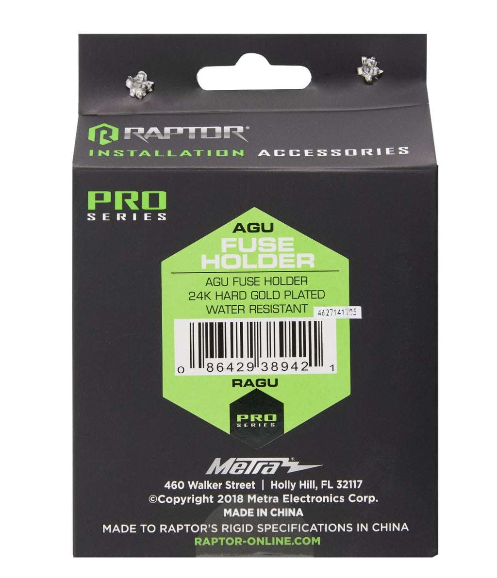 Raptor RAGU AGU fuse holder retail box rear view showing Pro Series label, AGU Fuse Holder hexagon with 24K hard gold plated and water resistant specifications, UPC barcode 086429389421, RAGU model number, Metra Electronics Corp. Holly Hill FL address, and raptor-online.com