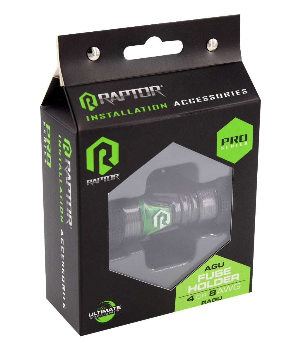 Raptor RAGU AGU fuse holder retail box angled front view showing Raptor Installation Accessories branding, Pro Series hexagon badge, hexagon display window, AGU Fuse Holder label, 4 or 8 AWG, RAGU model number, Ultimate Sound Quality badge, and Pro Series side panel text