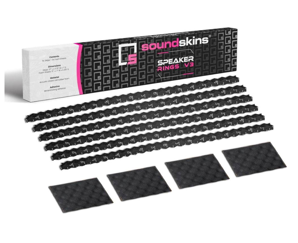 SoundSkins Speaker Rings V3 kit with retail box, 6 wave-cut foam strips, and 4 wavy acoustic foam backing sheets