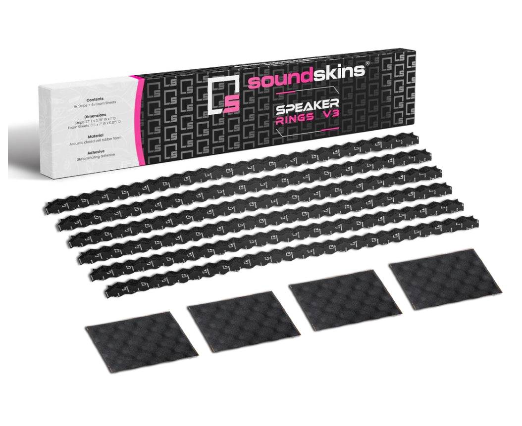 SoundSkins Speaker Rings V3 kit with retail box, 6 wave-cut foam strips, and 4 wavy acoustic foam backing sheets