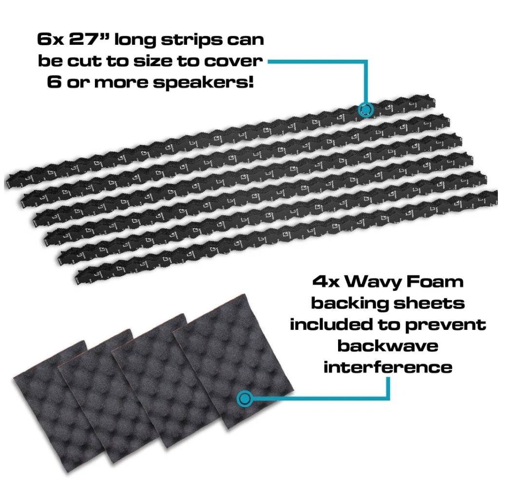 SoundSkins Speaker Rings V3 contents - 6 strips of 27 inch wave-cut foam rings cuttable to fit 6 or more speakers, plus 4 wavy foam backing sheets to prevent backwave interference