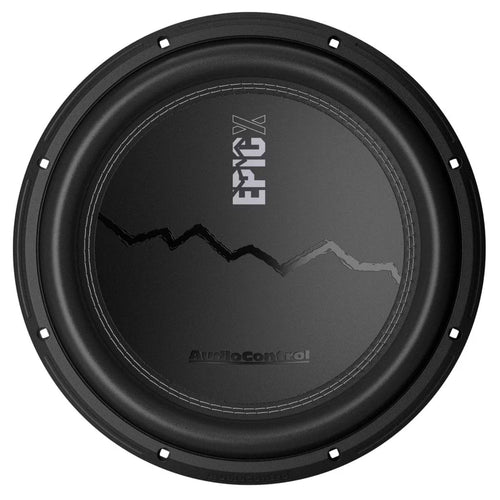 AudioControl EPICX12D4 12 inch subwoofer straight-on front view showing black non-pressed paper cone with white stitched surround, EPIC X logo dust cap with mountain graphic, and AudioControl branding