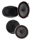 Four car speakers shown from different angles on a plain white background, including two oval speakers and two round speakers with black, gray, and red detailing.