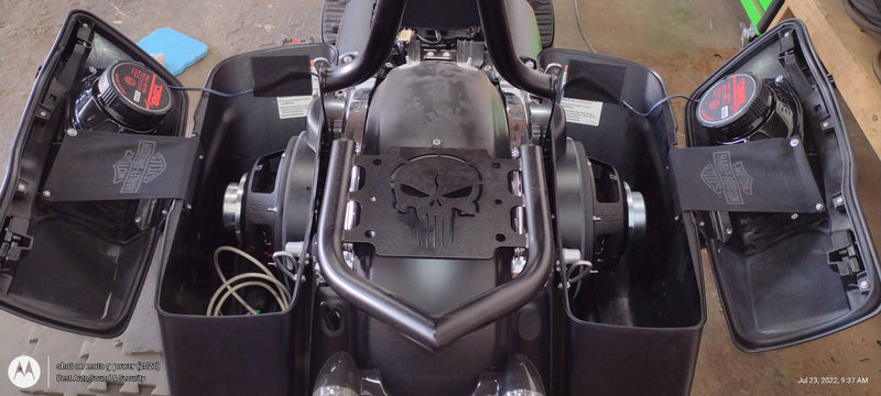 Motorcycle saddle bags with custom mounted 10" DS18 woofers in the bag and DS18 6x9 mounted to the lids